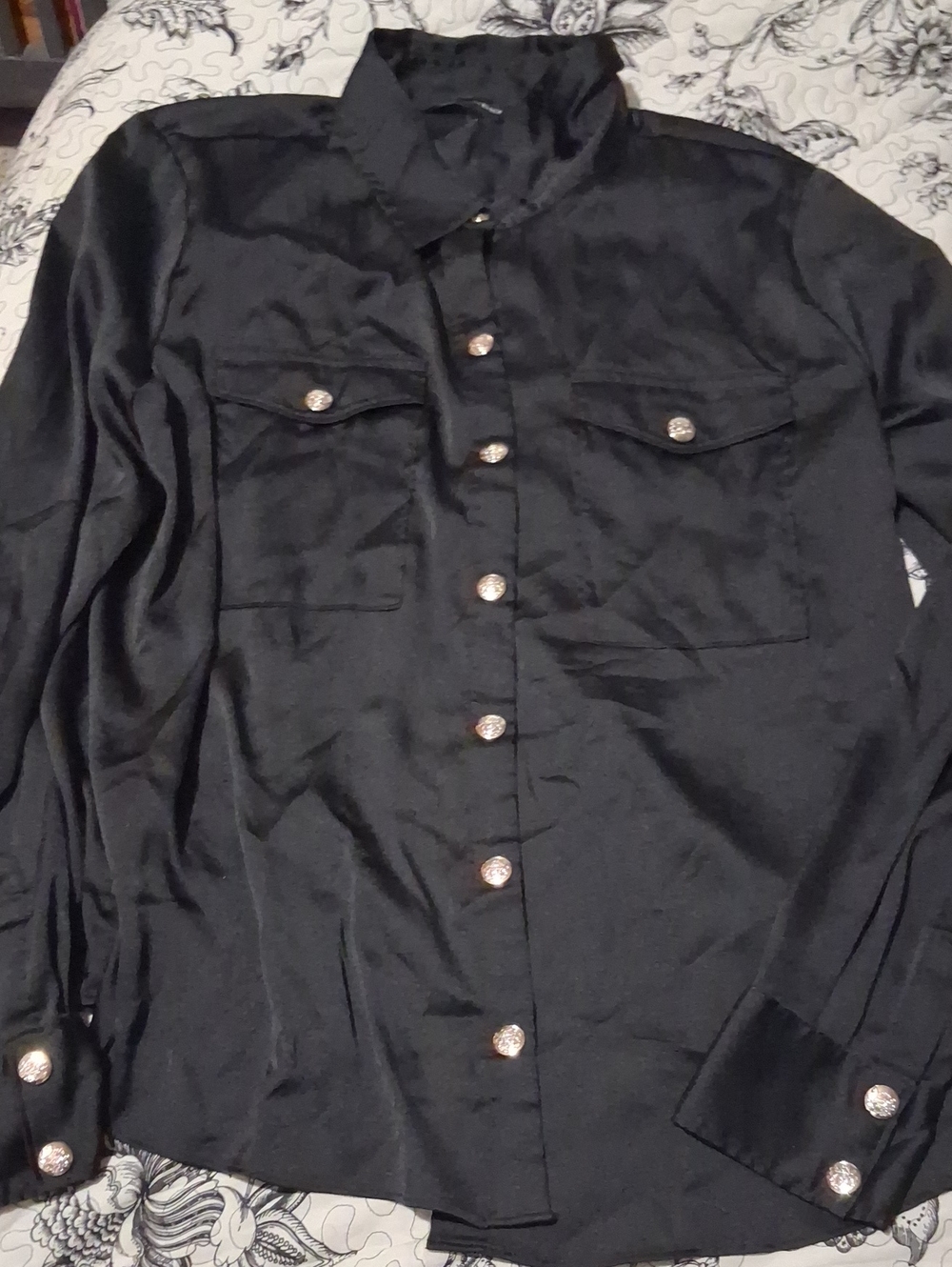White House Black Market Black Satin Button-Up Blouse with Embellished Buttons